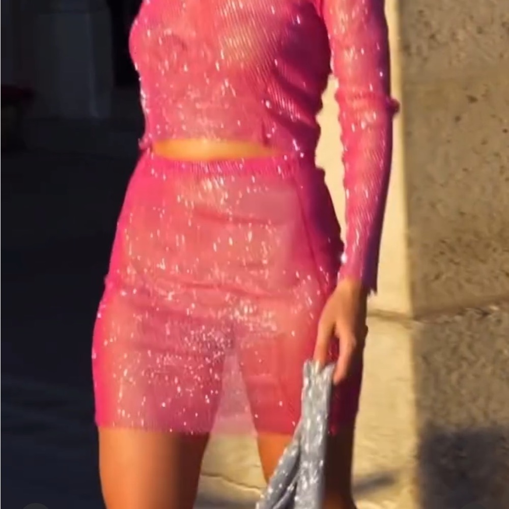 Santa Brands Hot Pink Rhinestone Crystal Mesh Mini Skirt - Picture 7 of 11